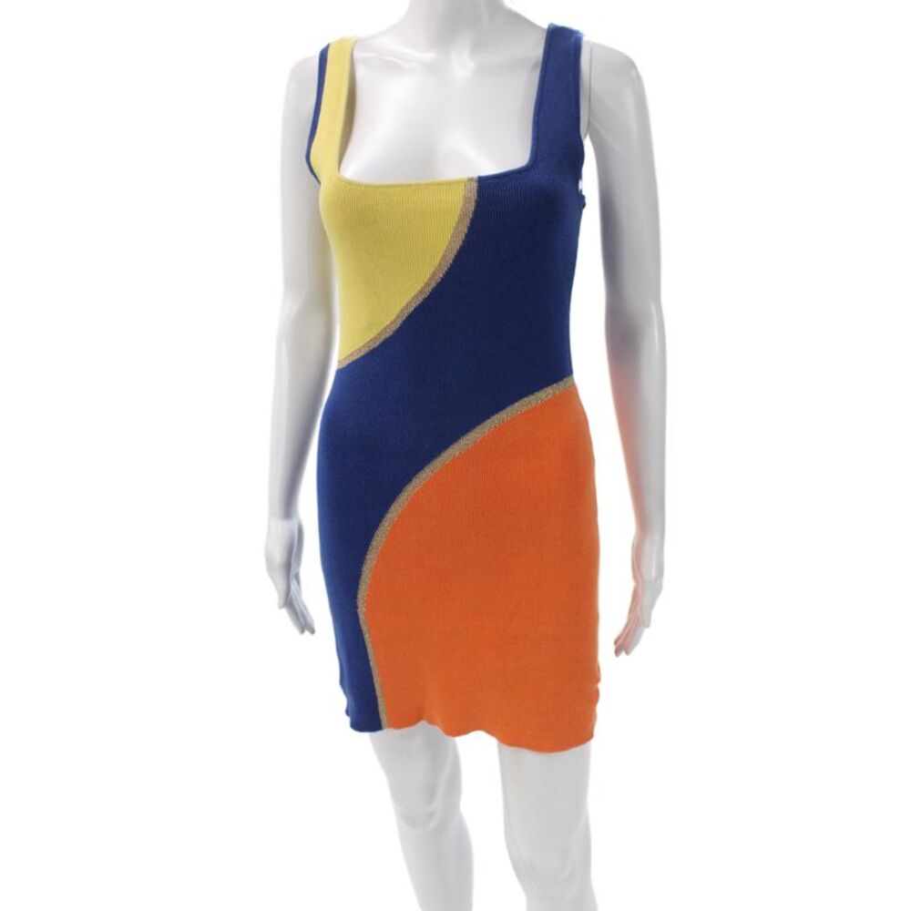 Solid & Striped Women Blue Geometric Bodycon Tank Dress Square Neck Size M